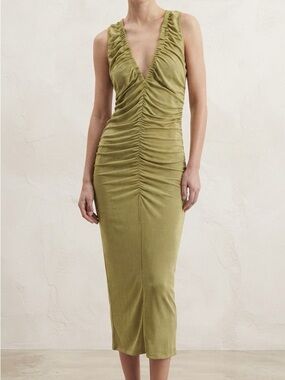 Ruched V-Neck Midi Dress in Olive Green